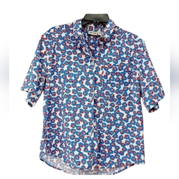 * Cabin creek medium Apple print button down blouse red white blue short sleeve - Picture 1 of 5